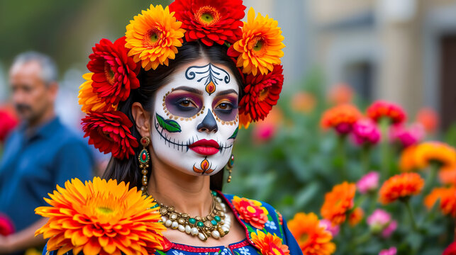 Day of the Dead, a outdoor Mexican celebration of life and death, photo of women with skull makeup and flower crowns