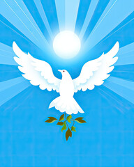 White Dove With Green Leaves on Blue Background
