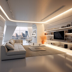 futuristic minimalist apartment interior in warm colors - 722255375