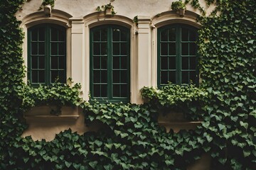Fototapeta na wymiar Ethereal Greens - Window Peeking Through a Luxuriant Ivy Wall