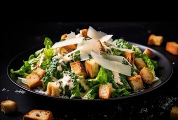 Chicken caesar salad with croutons and dressing on a black background.