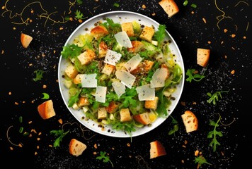 Croutons with chicken, greens basil and mustard dressed salad.