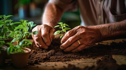 Hands of senior man planting seedling in fertile soil at home