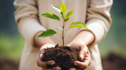 Hand of woman gardener in gloves holds seedling of small apple tree in her hands preparing to plant it in the ground. Tree planting concept