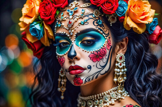 Day of the Dead Celebration: Mexican Women with Skull Makeup, Adorned in a Crown Decorated with Colorful Flowers, Embodying the Vibrant Spirit of the Honored Tradition - Realistic illustration 