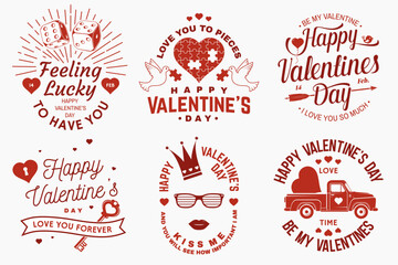 Set of vintage happy valentines day badge. Vector illustration. Template for Valentines Day greeting card, banner, poster, flyer with red casino dice, doves, retro truck, skeleton hand holding a heart