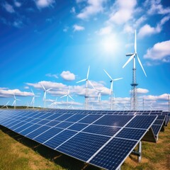 Solar panels and wind turbines generating electricity in power station green energy renewable with blue sky background