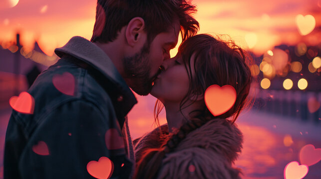 couple kissing beautiful sunset, valentine's day concept