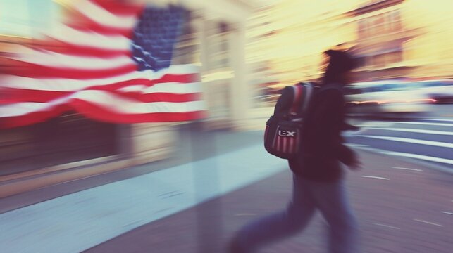a blurry US flag and a student with a backpack a USA, USA student, f-1 visa, student visa, American student, American university, education in the US, back to school in the US