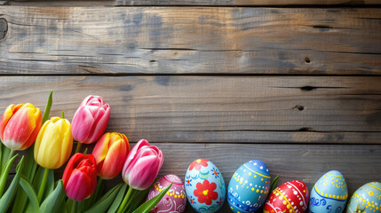 Obraz na płótnie Canvas Colorful Easter Eggs Next to Tulip Bouquet