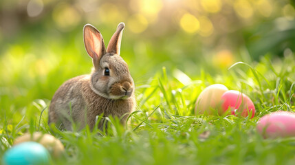 Rabbit Sitting in the Grass Near Easter Eggs