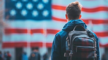 a blurry US flag and a student with a backpack a USA, USA student, f-1 visa, student visa, American student, American university, education in the US, back to school in the US