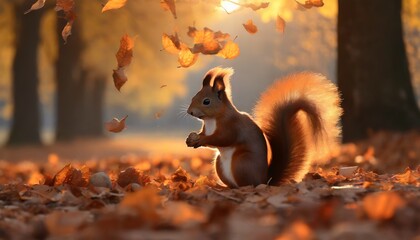 cute squirrel in the autumn park - obrazy, fototapety, plakaty