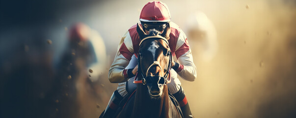 Intense Focus: A Jockey and His Steed in a High-Speed Horse Race - obrazy, fototapety, plakaty