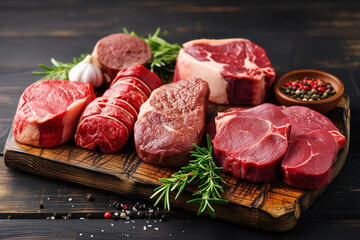 Assortment of fresh meat on wooden board: various types of beef steaks - obrazy, fototapety, plakaty