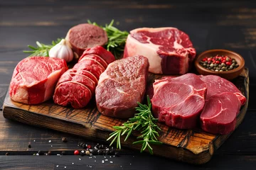  Assortment of fresh meat on wooden board: various types of beef steaks © Olivia