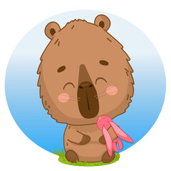 Happy capybara hugs a toy bunny. Kawaii capybara.