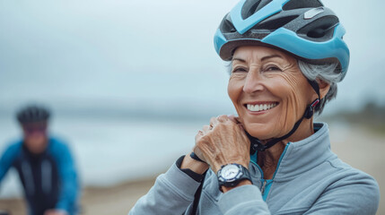 cheerful senior woman with a bicycle helmet, smiling brightly, likely enjoying an outdoor cycling activity