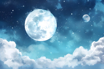 Naklejka na ściany i meble Moon and clouds at night cartoon cute background.
