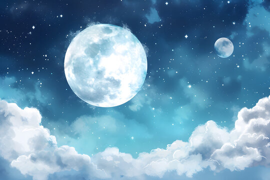 Moon and clouds at night cartoon cute background.