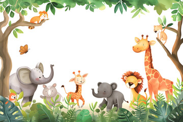 Cute cartoon safari zoo with animal frame border on background in watercolor style. - obrazy, fototapety, plakaty