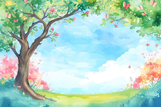 Cute cartoon tree and landscape frame border on background in watercolor style.