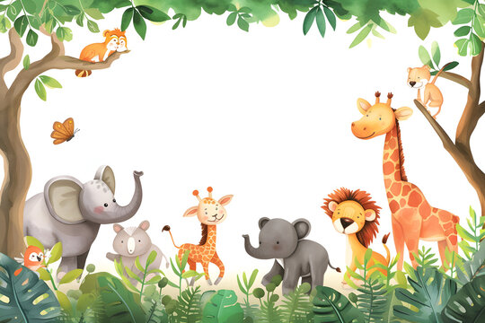 Cute cartoon safari zoo with animal frame border on background in watercolor style.
