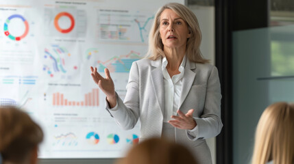 Professional woman giving a presentation with various charts and graphs in the background