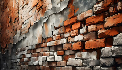 A weathered brick wall with uneven surfaces, showcasing a rustic charm.
