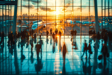 Blurred Image of Passengers at Airport Terminal. People at the Airport. Silhouette of Travelers at the Airport. Travel Concept - obrazy, fototapety, plakaty