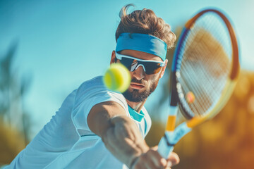 Man Playing Tennis Outdoors in a Sunny Day. Man Hitting A Tennis Ball with Racket. Sport Concept - obrazy, fototapety, plakaty