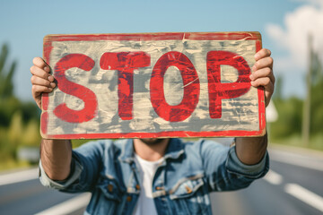 Man Holding Up a Stop Sign on a Highway.