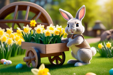 A cute Easter bunny in a hat with wooden cart and easter eggs in garden.