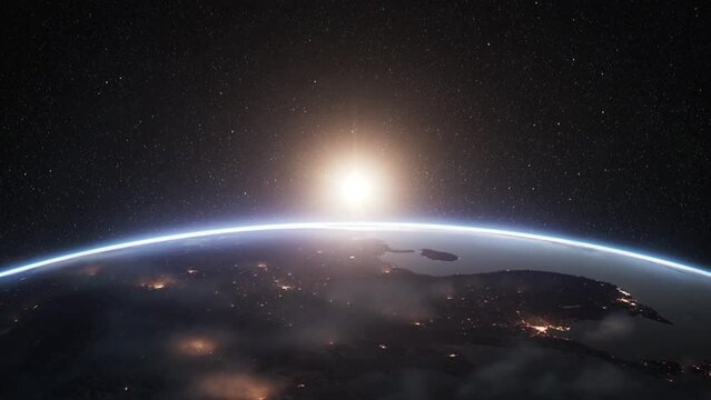 High quality 3D generated video of planet earth, including animated volumetric clouds illuminated by city lights. Created with textures by NASA