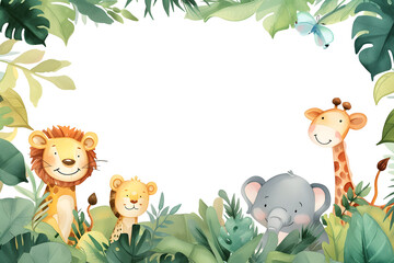 Naklejka premium Cute cartoon safari zoo with animal frame border on background in watercolor style.