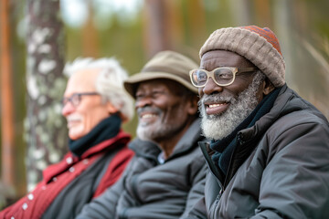 Three Diversity Old Men Sitting Together on a Bench in the Park. Retired Concept.