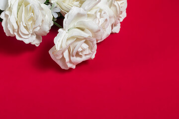 Bouquet of white roses on a red background with copy space, Top view