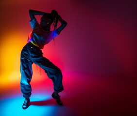 Fototapeta na wymiar Dynamic Dance Pose in Neon Light