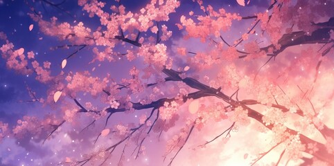 Cherry Blossom Silhouetted Against a Purple Sky. A Twilight Symphony of Nature Beauty.