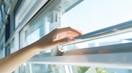 Woman tourist travel in the city by public city sky train system. Woman holding the hand rail in the train close up with copy space. Solo female tourist in modern lifestyle concept. Urban lifestyle.