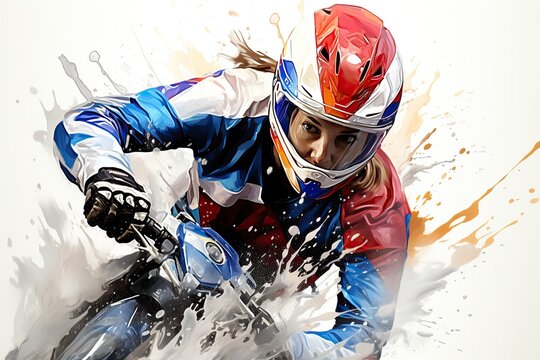 Artistic image of a motorbike racer splashing through dynamic, colorful elements