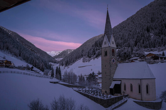 church of val di mezzo at sunrise in southtyrol
