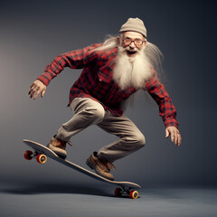 Smiling cheerful old man riding a skateboard, concept of a happy and healthy old age - 722261928