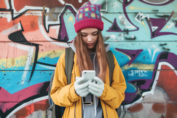 Obraz na płótnie Canvas Trendy Teen Girl with Smartphone Against Vibrant Graffiti Wall