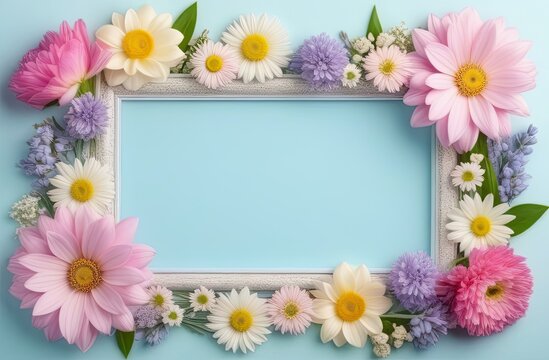 Pastel colors frame with free place for text made from lot of spring flowers. Greeting card for spring holidays. Template for Birthday, Women's Day, Mother's Day. Floral picture.