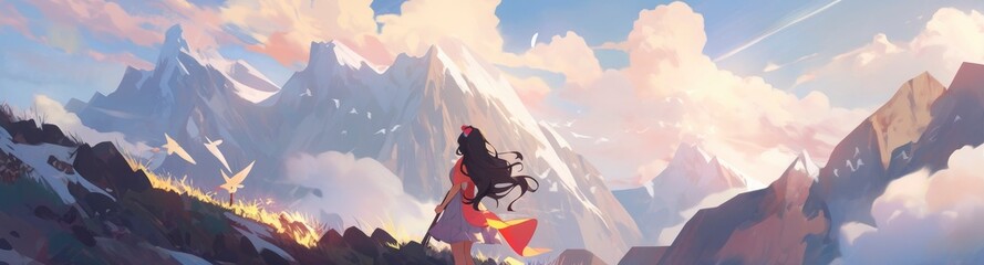 Adventurous Beauty. A Pretty Girl Scaling a Mountain Summit.