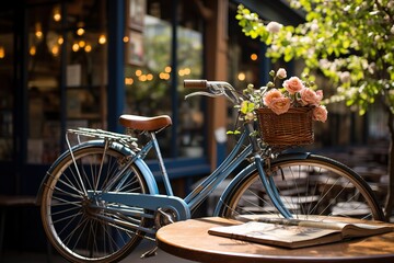 Fototapeta na wymiar Classic bicycle with a basket of roses in a sunny, tree-lined street