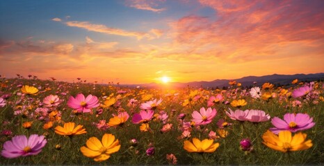 Fototapeta na wymiar Colorful cosmos Sunlit field with yellow, pink, and orange blooms