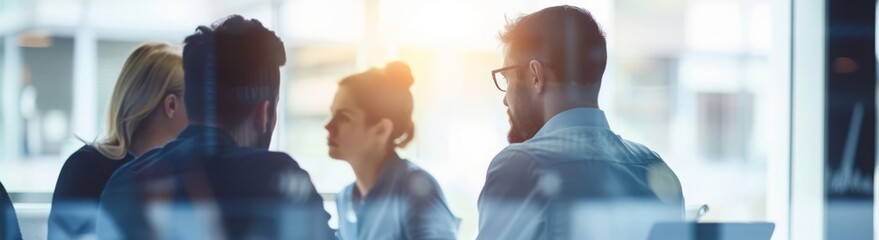 Obraz premium Group of People Standing in Front of a Window in a City Cafe