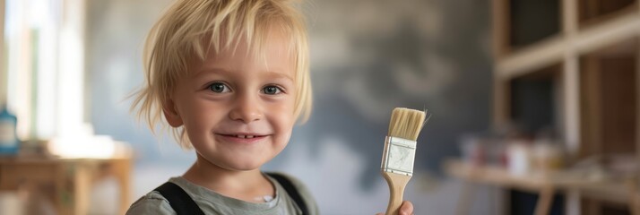 Little Boy Holding a Paintbrush in His Hand